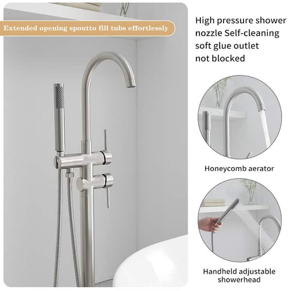 Single Handle Floor Mount Freestanding Tub Faucet Bathtub Filler with Hand Shower in Brushed Nickel