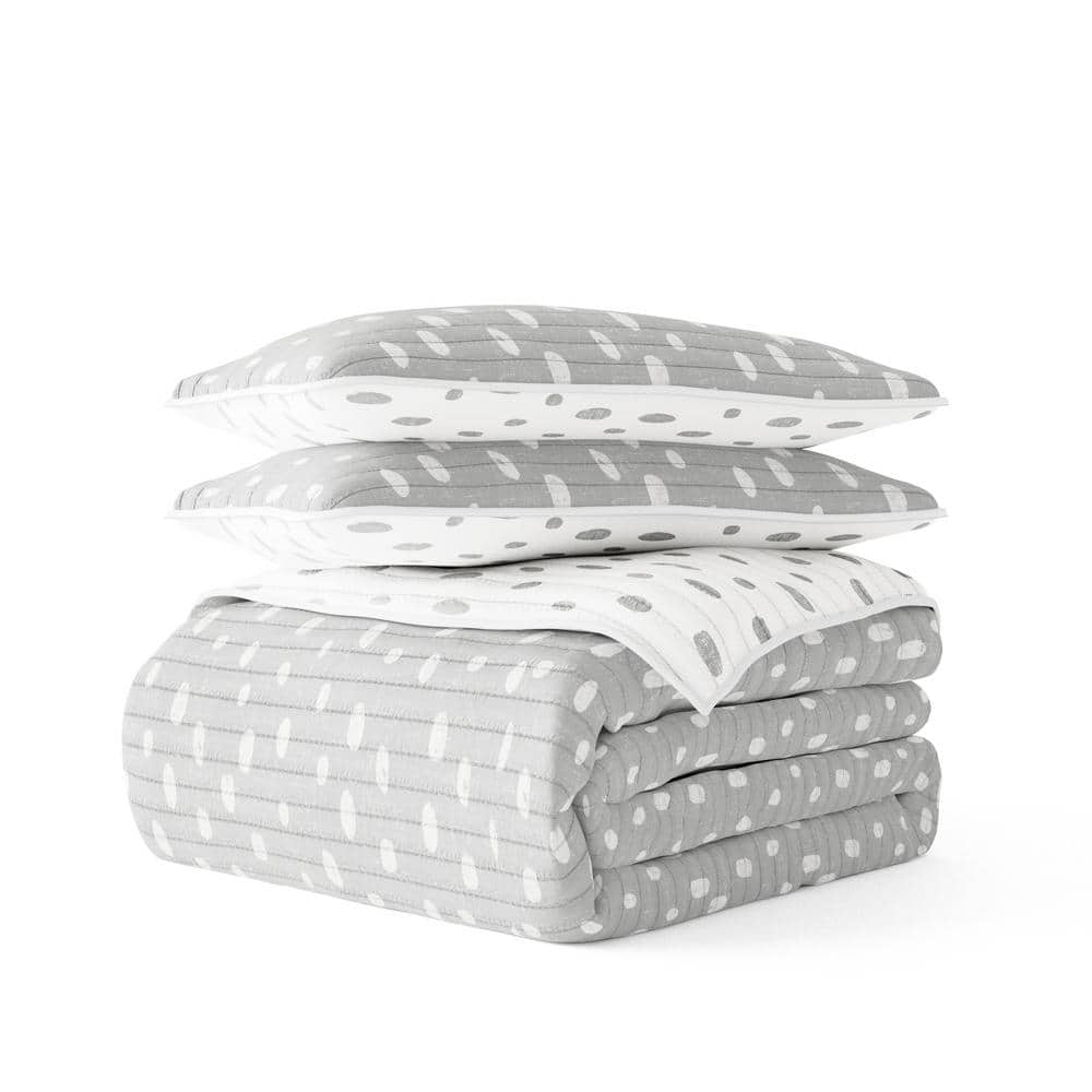 Light Gray Twin Reversible Microfiber Quilt Set with Painted Dots