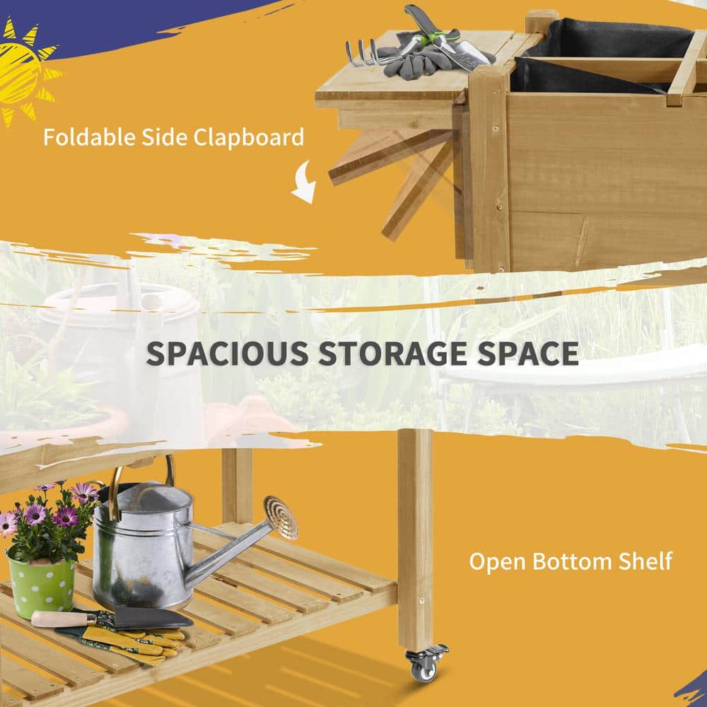 Elevated Natural Wood Garden Bed with Wheels and Storage Shelf