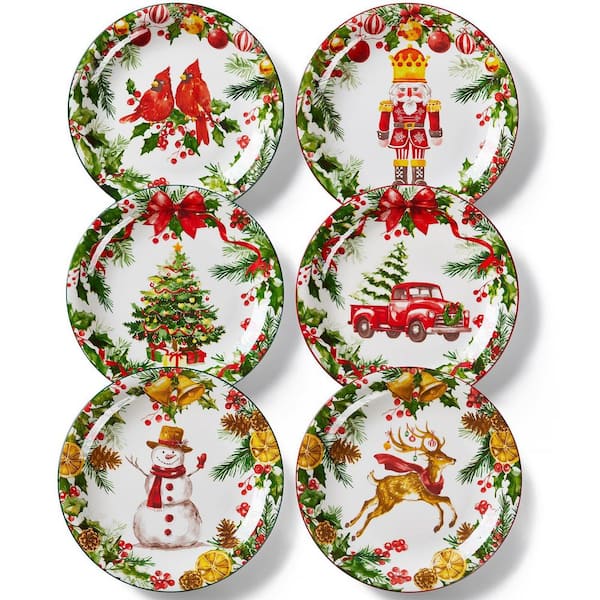 10 in. Multi-Color Dishwasher and Microwave Safe Christmas Ceramic Serving Plate Set for Pasta, Steak, Salad (Set of 6)
