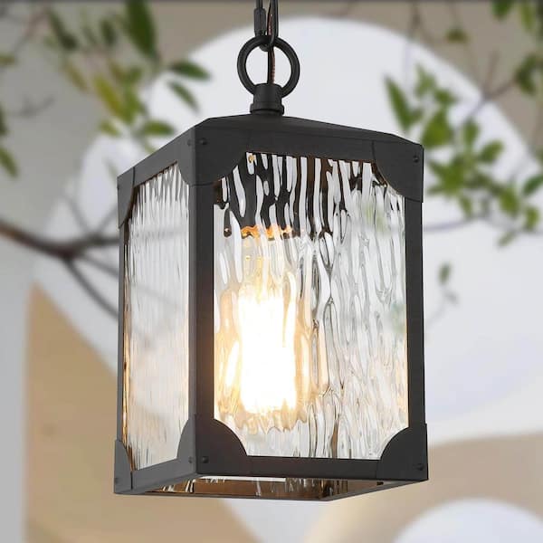 LNC Modern Matte Black Outdoor Pendant Light Square 1-Light Cage Lantern Ceiling Light with Water Glass Shade for Porch