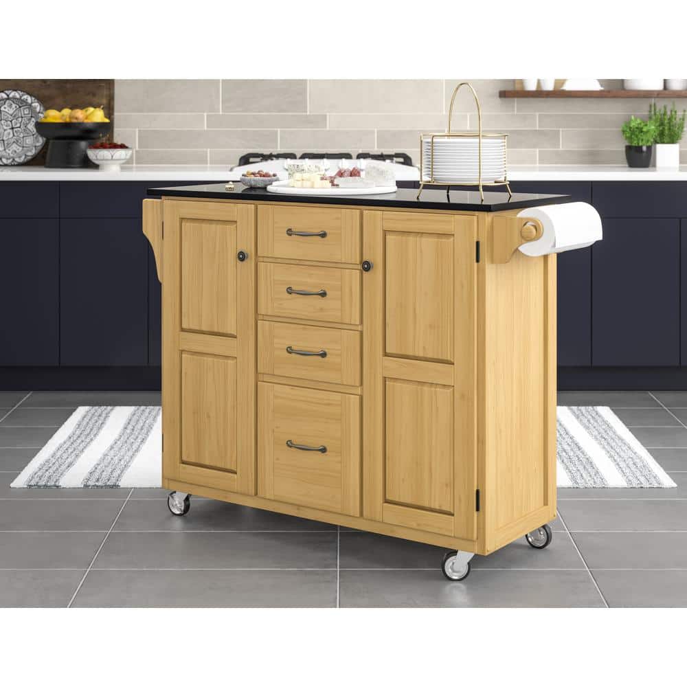 Natural Wood Kitchen Cart with Black Granite Top and Storage
