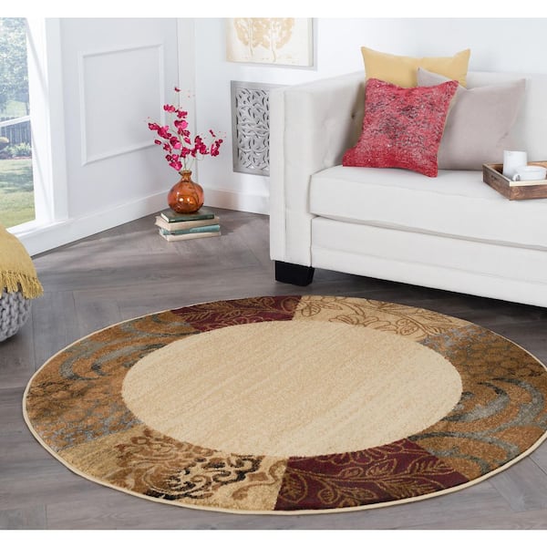 Elegance Floral Beige 6 ft. Round Indoor Area Rug