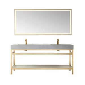 Funes 72 in. W x 22 in. D x 34 in. H Double Sink Bath Vanity in Brushed Gold with Grey Natural Stone Top and Mirror