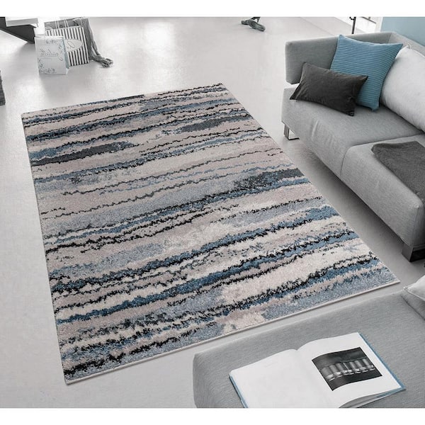 7 ft. x 5 ft. Blue Watercolor Abstract Stripe Woven Area Rug