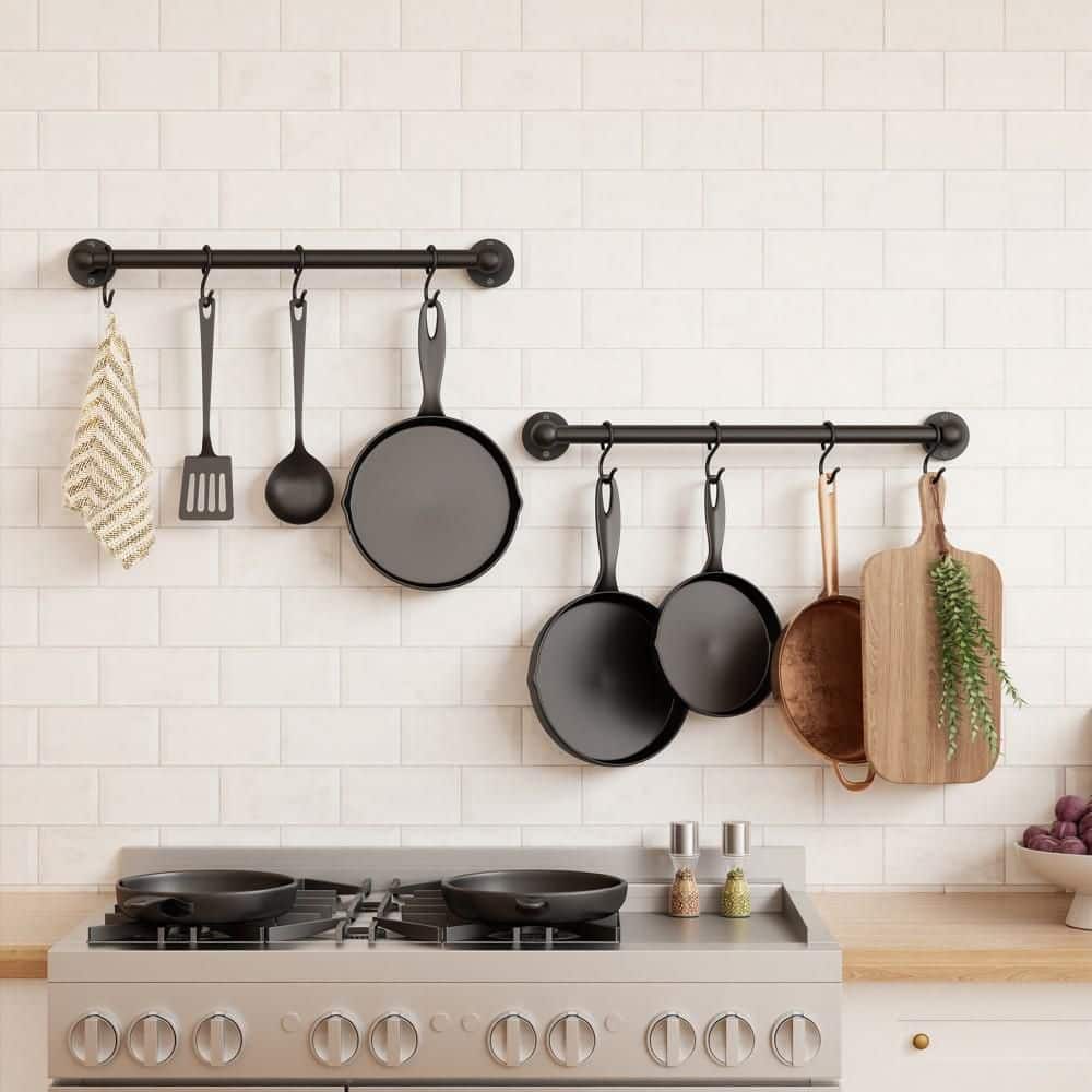 Baumatic Pot Rack KES 16 in. Set of 2 Matte Black Wall Mounted Pot Rack with 10-Hooks and ...