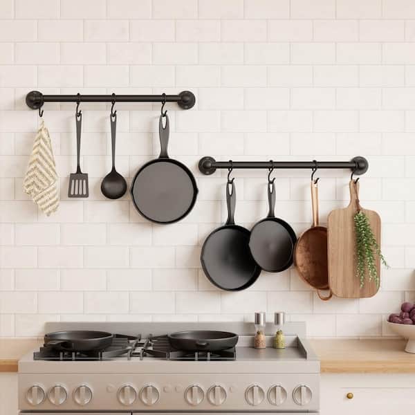 16 in. Set of 2 Matte Black Wall Mounted Pot Rack with 10-Hooks and 16 in. Stud Mount