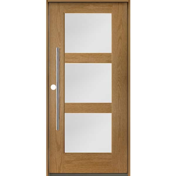 Krosswood Doors Modern Faux Pivot 36 in. x 80 in. 3-Lite Right-Hand/Inswing Satin Glass Bourbon Stain Fiberglass Prehung Front Door