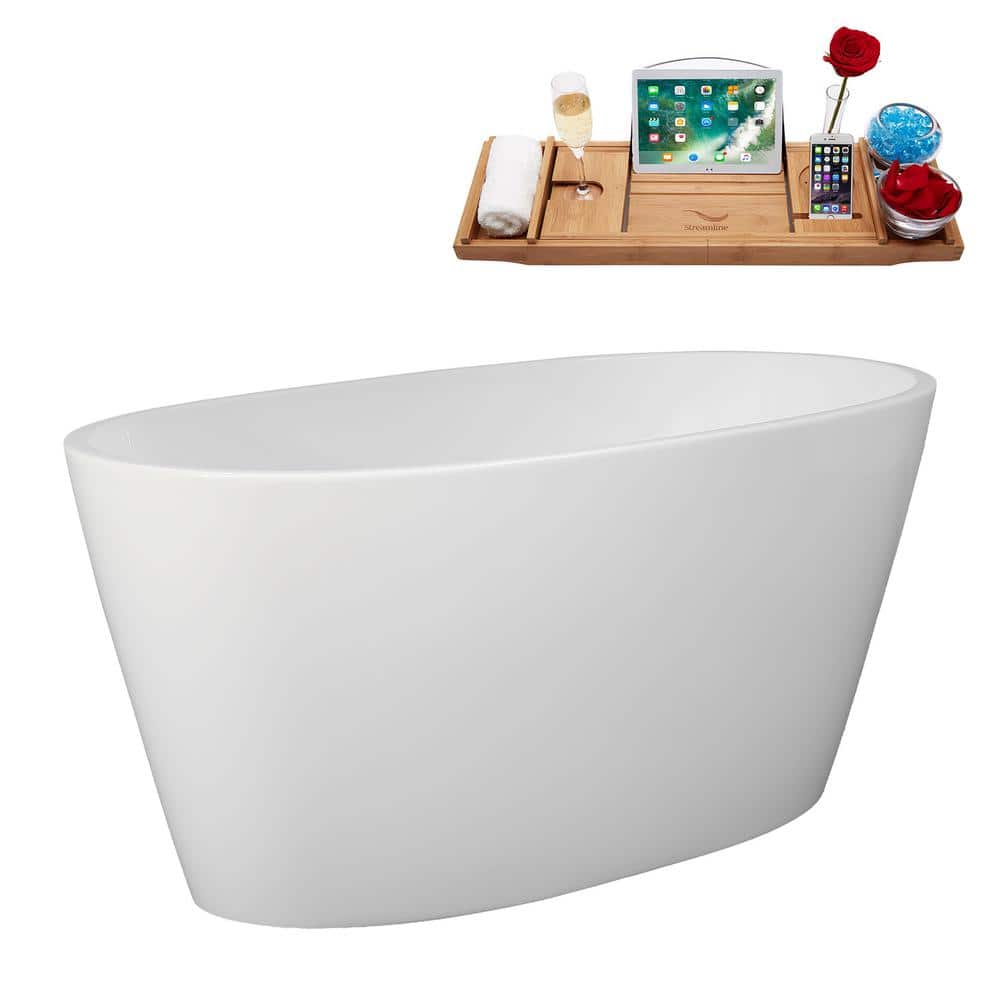 51" Glossy White Acrylic Freestanding Soaking Bathtub with Bamboo Tray