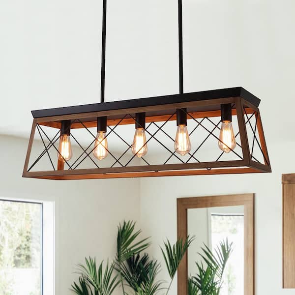 Unbranded 5 Light Black Farmhouse Linear Pendant Lighting Rectangular Chandelier Rustic Kitchen Island Light Fixture Ceiling Light