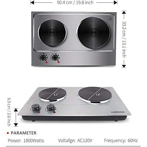 Cusimax 1800w Electric Double Hot Plate, Silver Infrared Stove