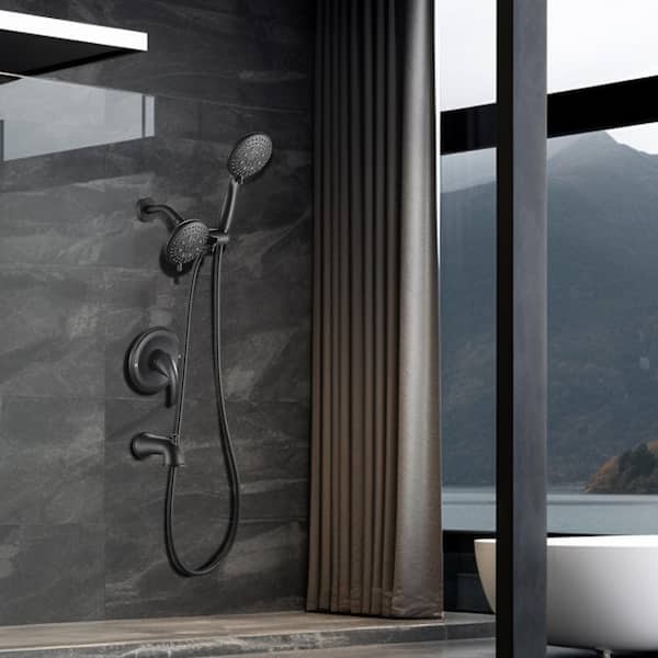 Rain Single Handle 6-Spray Tub Shower Faucet Handheld Combo with Valve 1.8 GPM Adjustable Dual shower Heads in Black