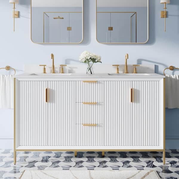 ANGELES HOME 60 in. W x 22 in. D x 35 in. H Solid Wood Modern Bathroom Vanity in White with Gold Trim, Quartz Top with Double Sink