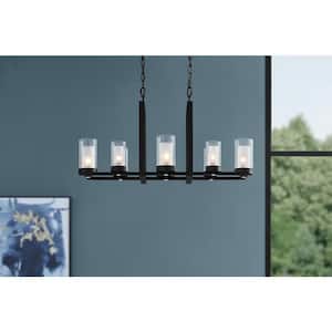 Samantha 8-Light Integrated LED Matte Black Dining Room Chandelier with Clear Glass, Linear Kitchen Island Pendant Light