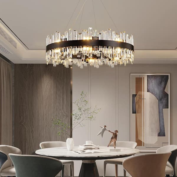 31.5 in. 16-Light Black Crystal Chandelier, Modern Round K9 Crystal Hanging Pendant Ceiling Light Fixture