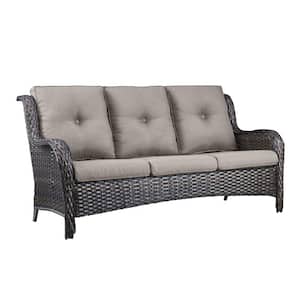 3 Seat Wicker Outdoor Patio Sofa Couch with Deep Seating and Cushions, Suitable for Porch Deck Balcony (Brown/Gray)
