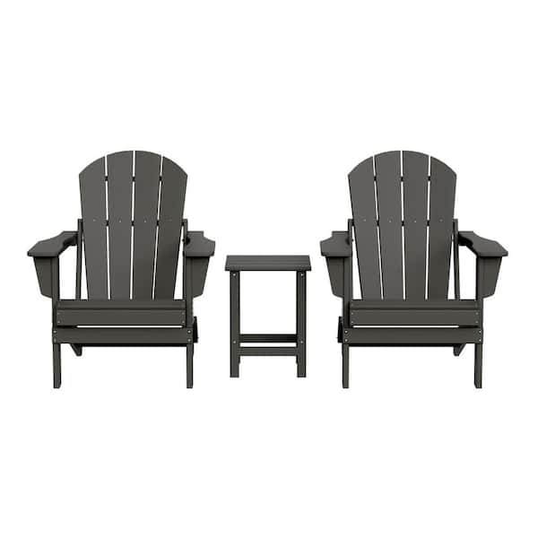 Laguna 3-Piece Fade Resistant Outdoor Patio HDPE Poly Plastic Folding Adirondack Chair Set with Side Table in Gray