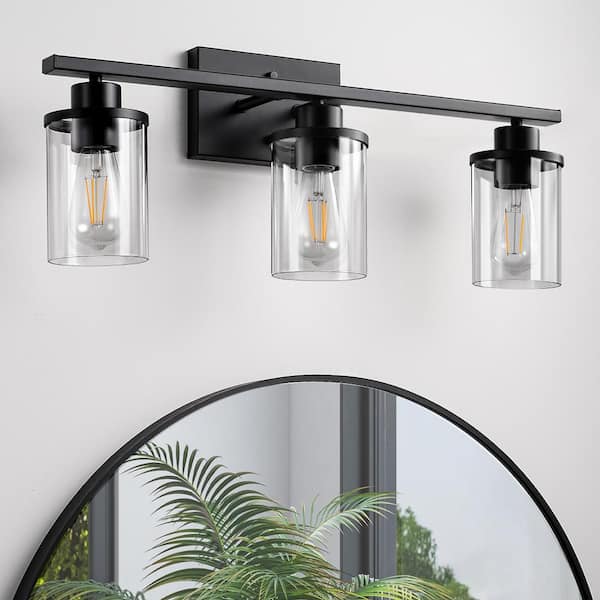 24 in. 3-Light Matte Black Vanity Light with Clear Glass Shade
