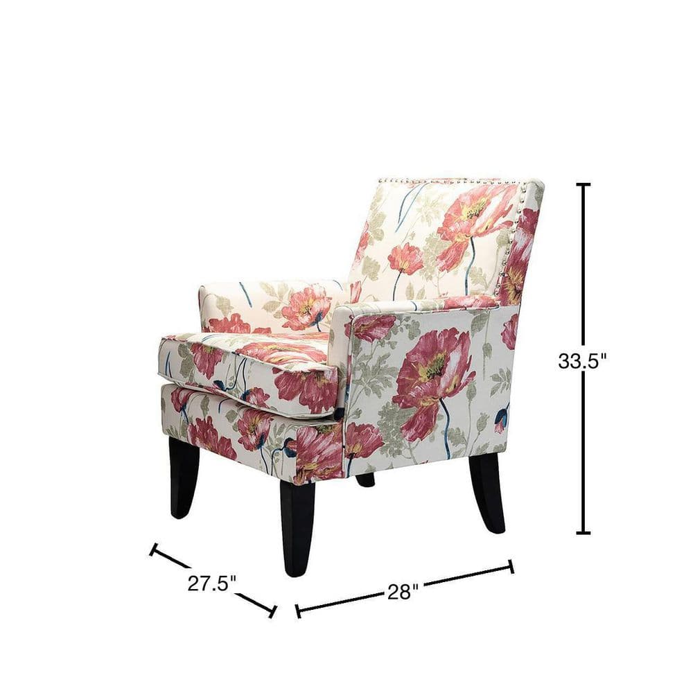 Red Floral Upholstered Accent Chair with Nailhead Trim