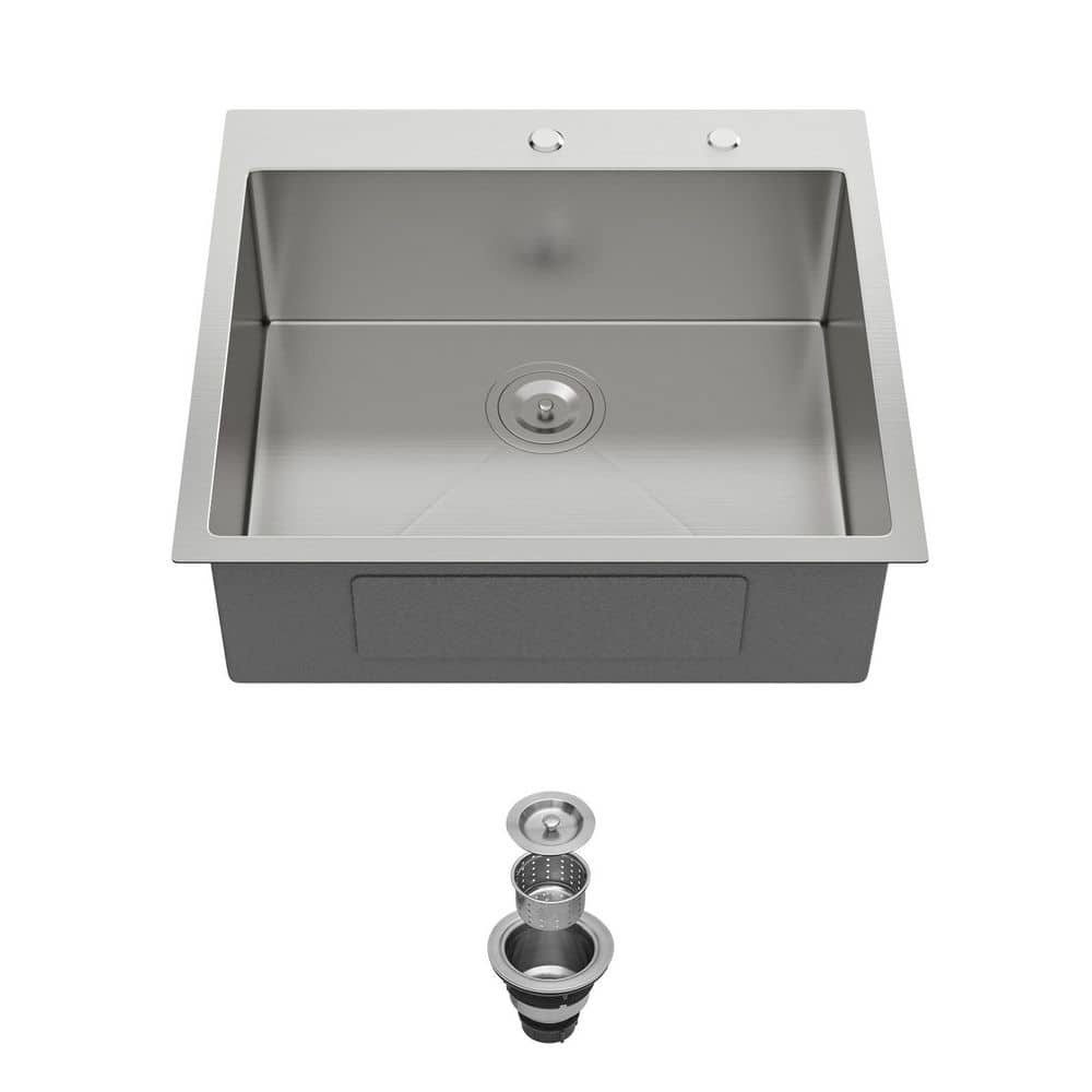 25 in. Drop-In Single Bowl 16 Gauge Brushed Nickel Stainless Steel Kitchen Sink with Drain Assembly and Clips