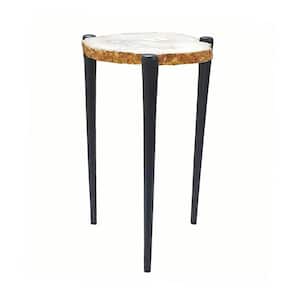 12 in. Black, White and Brown Round Stone End/Side Table with Aluminum Frame