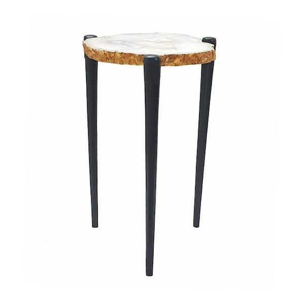 Benjara 12 in. Black, White and Brown Round Stone End/Side Table with Aluminum Frame