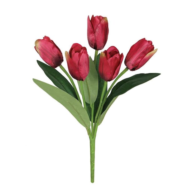 12 in. Red Burgundy Artificial Tulip Flower Stem Bush Bouquet (Set-6)