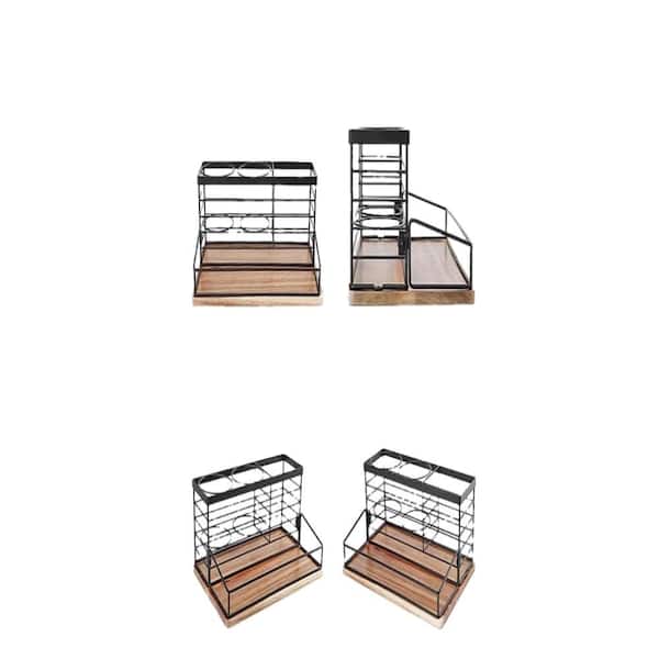 No Drilling Hair Tool Organizer, Wooden-Black Metal and Wood Holder with 4 Compartments for Bathroom Bedroom Countertop