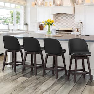 26 in. Black Wood Frame Swivel Cushioned Bar Stool with Faux Leather, Swivel Counter Stool (Set of 4)