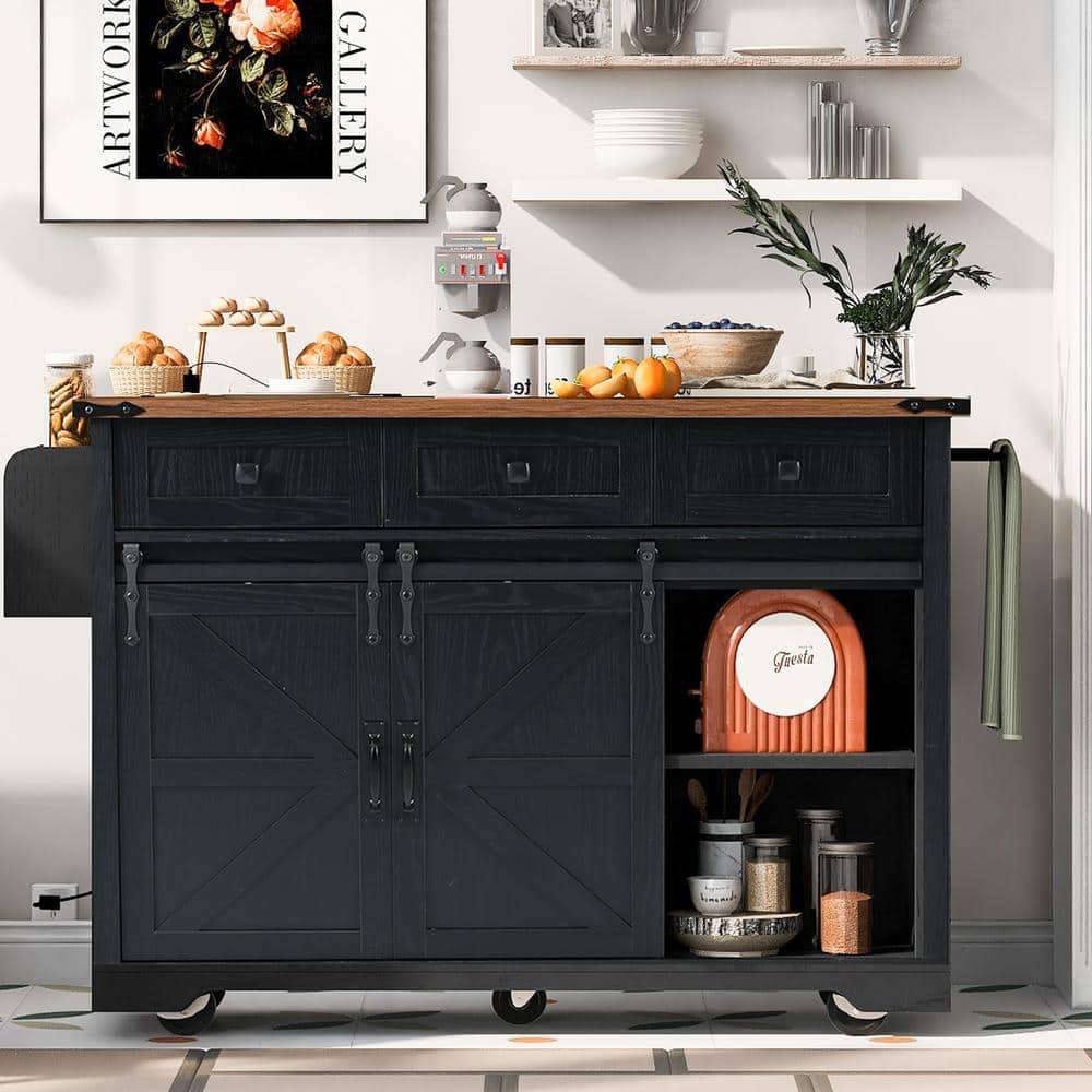 Black Wood Kitchen Cart with Power Outlet, Sliding Barn Door Kitchen Island