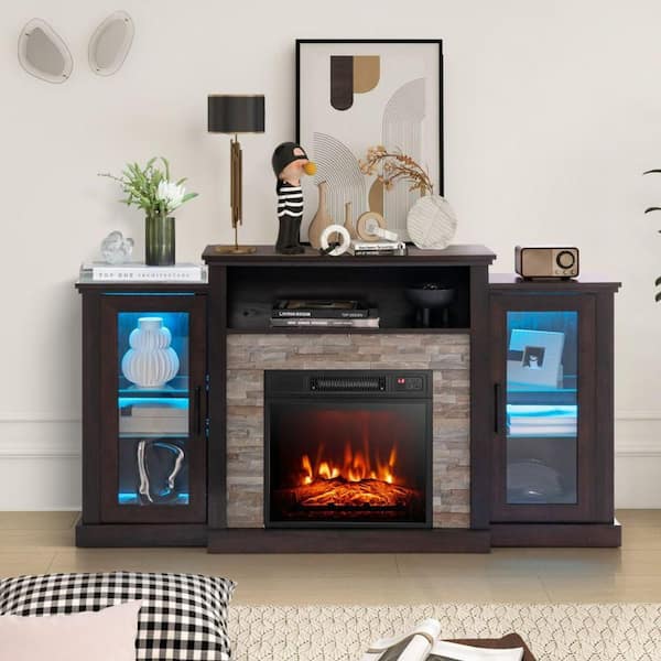 59 in. Freestanding Electric Fireplace TV Stand in Black with 16-Color Led Lights for TVs up to 65 in.