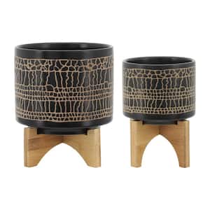 Black Ceramic Cachepot Planters with Wood Stands (2-Pack)