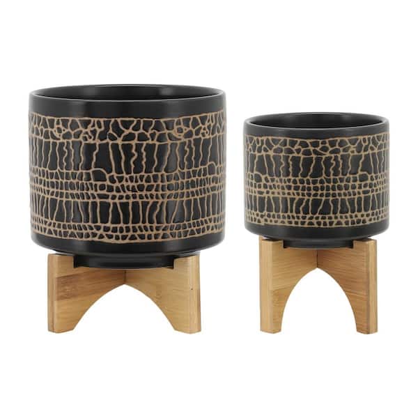 Runesay Black Ceramic Cachepot Planters with Wood Stands (2-Pack)