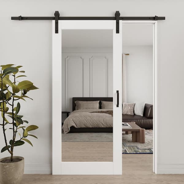 36 in. x 80 in. 1-Lite Full Length Mirrored Glass White Primed MDF Sliding Barn Door with Black Finish Hardware Kit