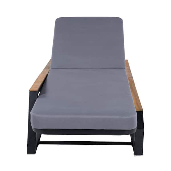 Adjustable 5-Position Chaise Lounge with Grey Cushion, Black Iron Frame, Teak Armrests, for Patio