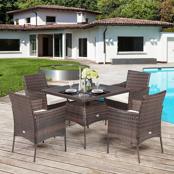 5-Piece Wicker Patio Outdoor Dining Table Set Outdoor Furniture Set with 4-Seat White Cushions