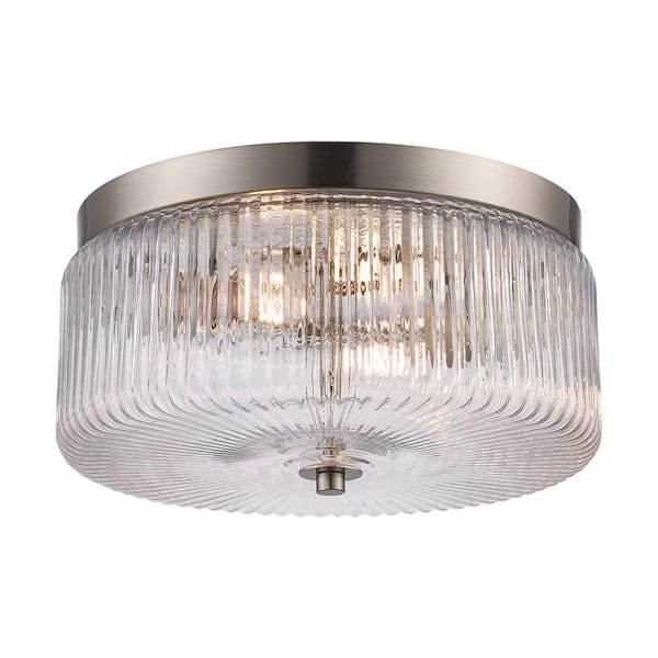 11.75 in. 2-Light Brushed Nickel Flush Mount Ceiling Light Fixture with Clear Ribbed Glass Shade