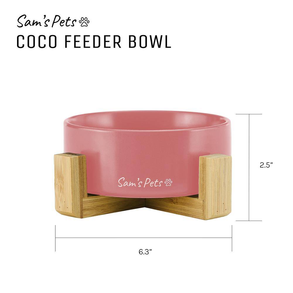 Pink Ceramic Dog Bowl with Wooden Stand