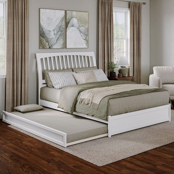 Roslyn White Solid Wood Frame Queen Platform Bed with Panel Footboard and Twin XL Trundle