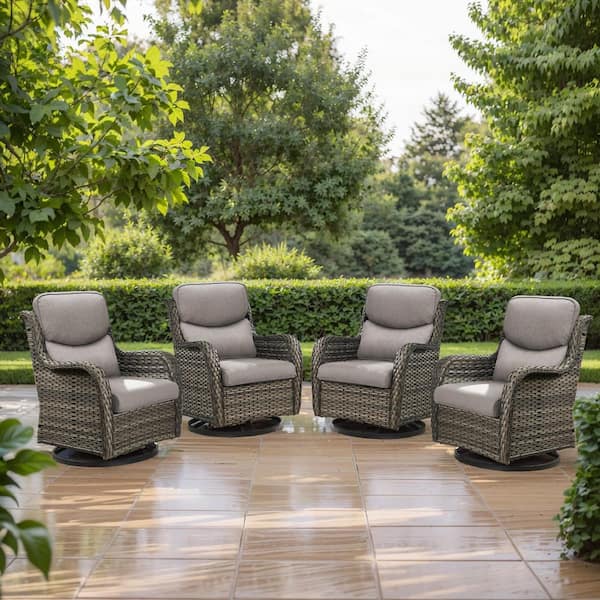 Carolina 4-Piece Gray Wicker Outdoor Swivel Glider Chairs with Thick Gray Cushion