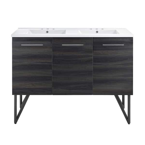 Swiss Madison Annecy 48 in. W Black Walnut, Double Basin Bathroom Vanity with White, 3-Hole Ceramic Sink Top