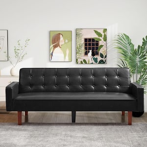 33 in. Wide Faux Leather Button Tufted Upholstered Armchair, Accent Convertible Sleeper Couch 3-Seat Sofa, Black