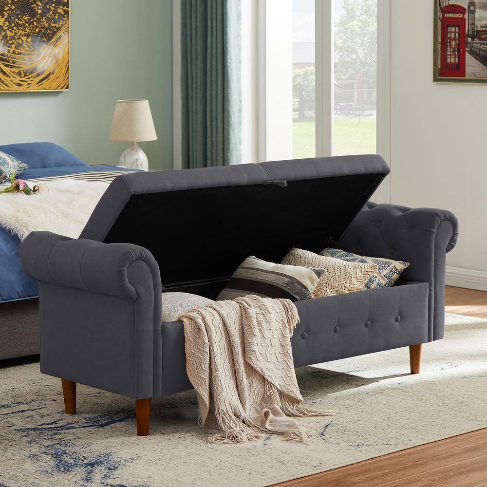 KINWELL Dark Gray Linen Storage Rectangular Footstool Tufted Ottoman ...