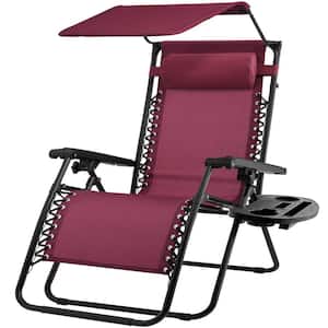 Folding Recline Steel Outdoor Lounge Chair in Burgundy with Canopy and Side Tray