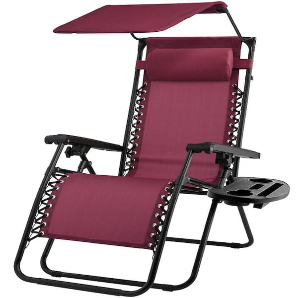 Unbranded Folding Recline Steel Outdoor Lounge Chair in Burgundy with Canopy and Side Tray