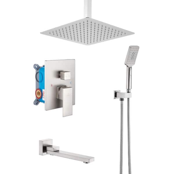 cadeninc 3-Spray Patterns with 12 in. Ceiling Mount Tub and Shower Faucet with Handheld Shower in Brushed Nickel