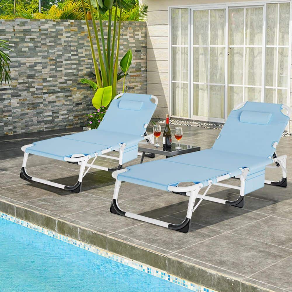 Metal Outdoor Chaise Lounge, 3 in 1 Sun Tanning Chair with Mat&Face Arm Hol