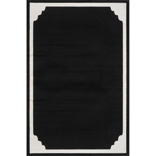 Hera Black 8 ft. x 10 ft. Rubber Back Washable Corner Bordered Indoor Outdoor Patio Area Rug