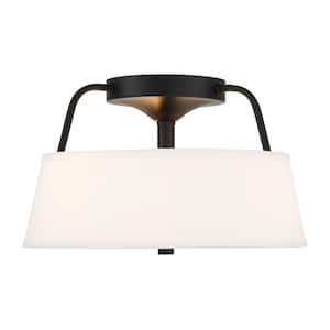 Heatherwood 14 in. 3-Light Matte Black Semi-Flush Mount with Fabric Drum Shade and Glass Diffuser