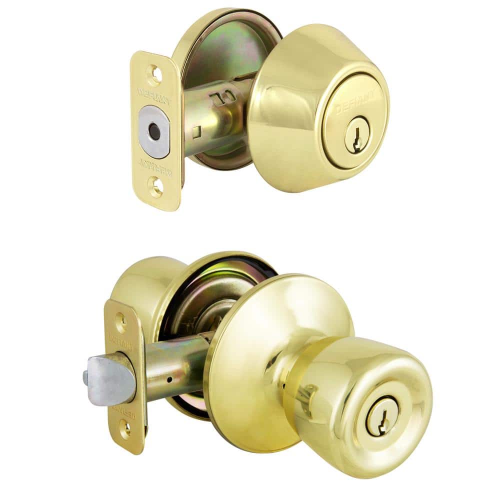 Waterbury Polished Brass Keyed Entry Knob and Single Cylinder Deadbolt Comb